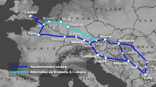 Route map: London to Bulgaria by train